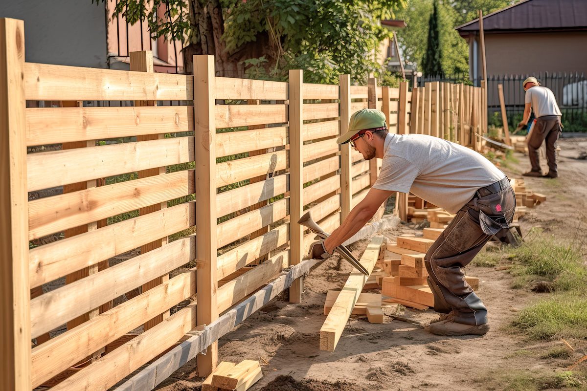 Builders constructing a fence. Fence builders. Generative AI